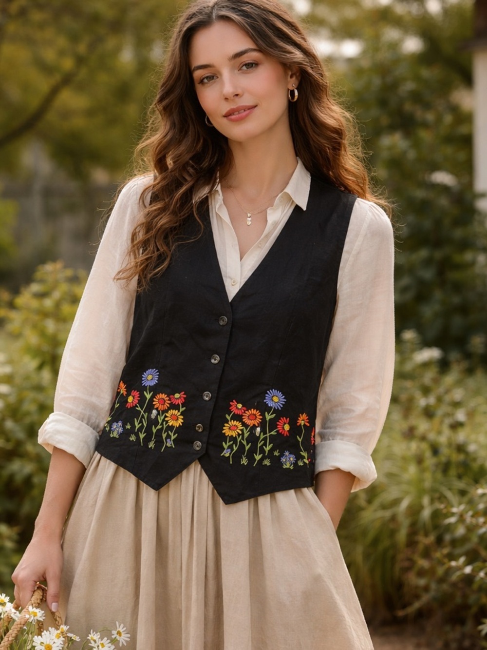 Vintage 90s ESPRIT Linen Floral Embroidered Vest Small Medium Artsy Folk Boho